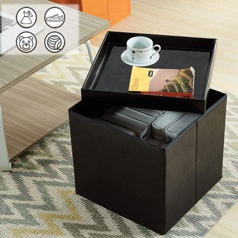 BRIAN & DANY Folding Ottoman Storage Box with Lid, Faux Leather Footstool Toy Storage Box Storage Seat 38 x 38 x 38 cm (Black)