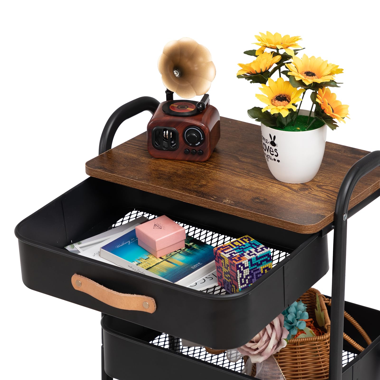 DOEWORKS Storage Trolley on Wheels Metal 3-Tier Rolling Trolley with Drawer