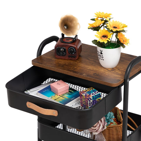 DOEWORKS Storage Trolley on Wheels Metal 3-Tier Rolling Trolley with Drawer