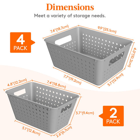 Lifewit 6 Pack Plastic Storage Baskets,Stackable Storage Bins,Light Grey