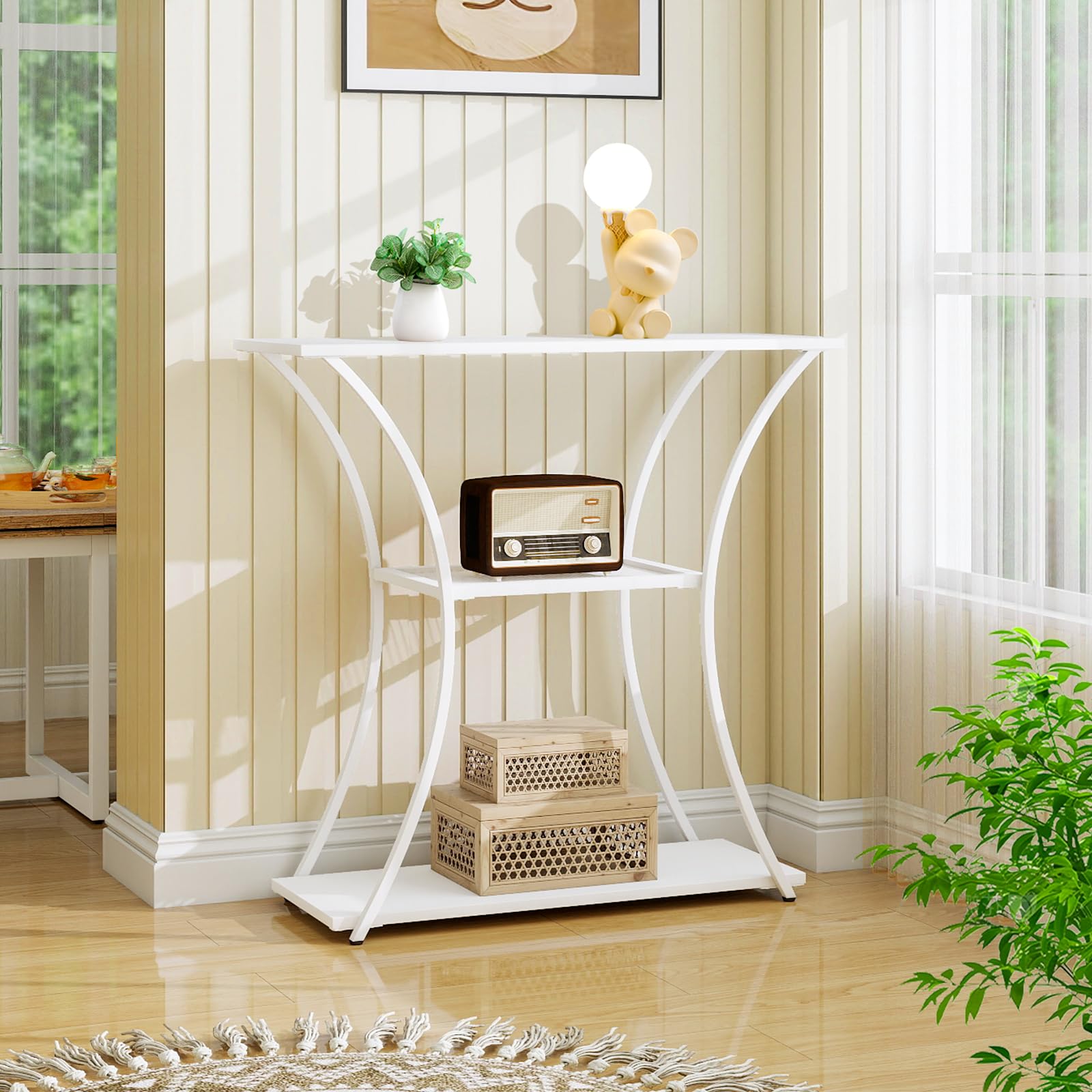 HDANI 3-Tier Metal Console Table with Grid Shelf, Narrow Hallway Table with Sturdy Frame, Entrance Table & Sofa Table for Hallway, Living Room