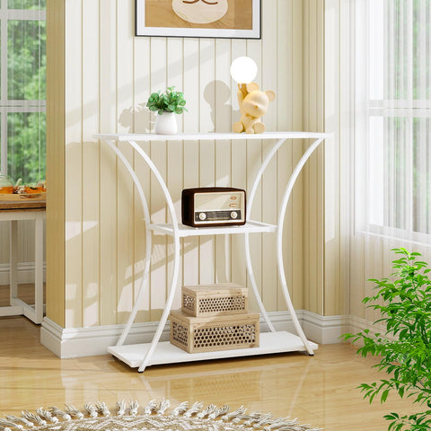 HDANI 3-Tier Metal Console Table with Grid Shelf, Narrow Hallway Table with Sturdy Frame, Entrance Table & Sofa Table for Hallway, Living Room