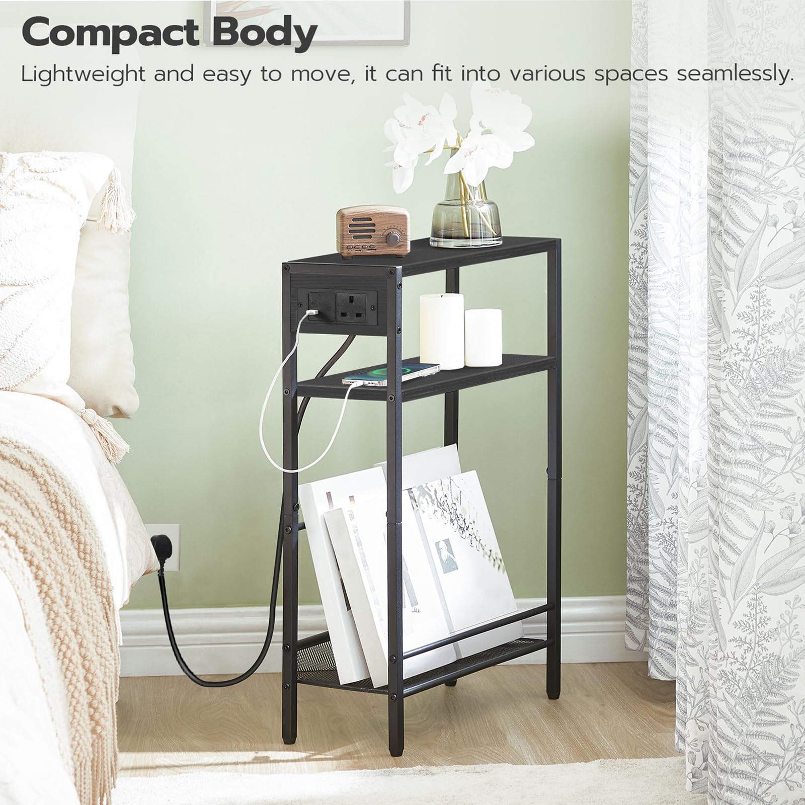 HOOBRO Slim Side Table with Charging Station, Narrow Bedside Table for Small Spaces, 3-Tier End Table with USB & Type-C Ports, Black EBB102KBZ01