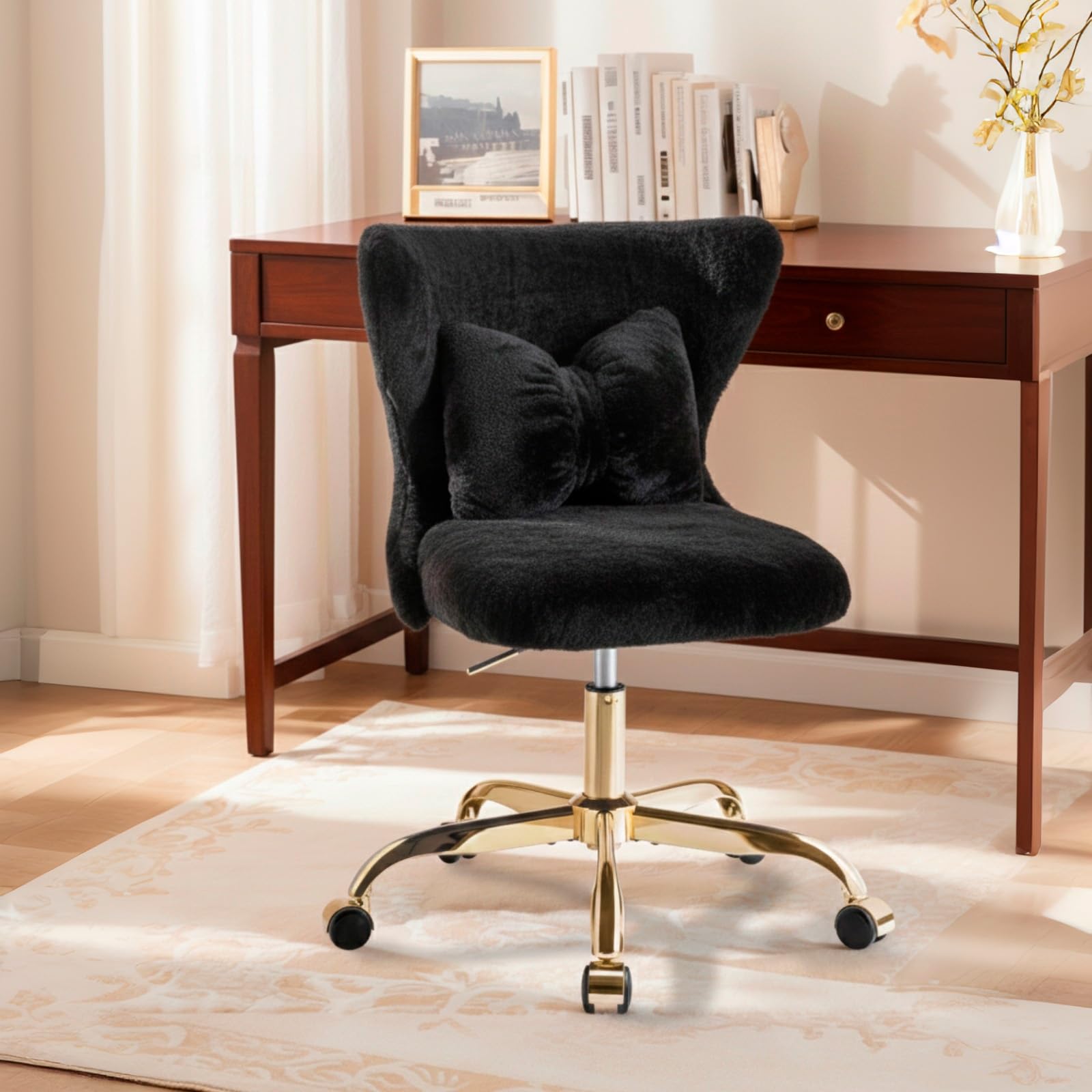 Eufurnibi Vanity Chair with Gold Wheels & Bow Pillow, Girl's Office Chair