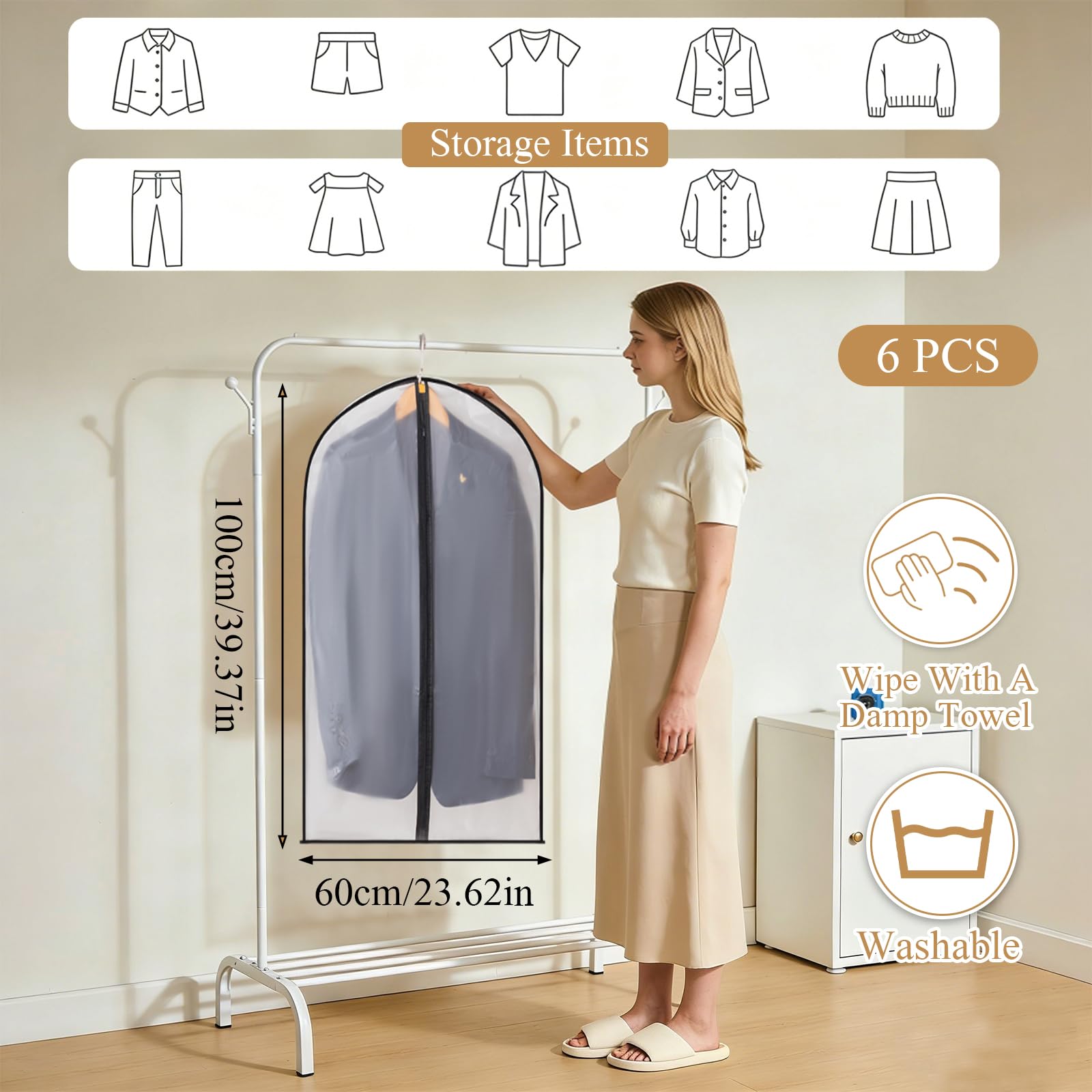 6 Pack Translucent Waterproof Garment Bags, Dust‑Moth Proof 60×100cm