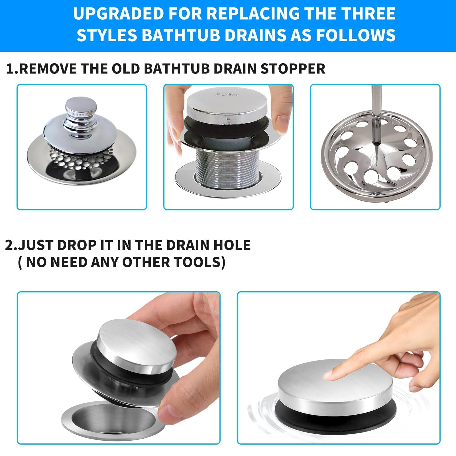 Bathtub Drain Stopper, Universal Tub Stopper for Replacing Tip Toe/Trip Lever/Lift&Turn Tub Drain