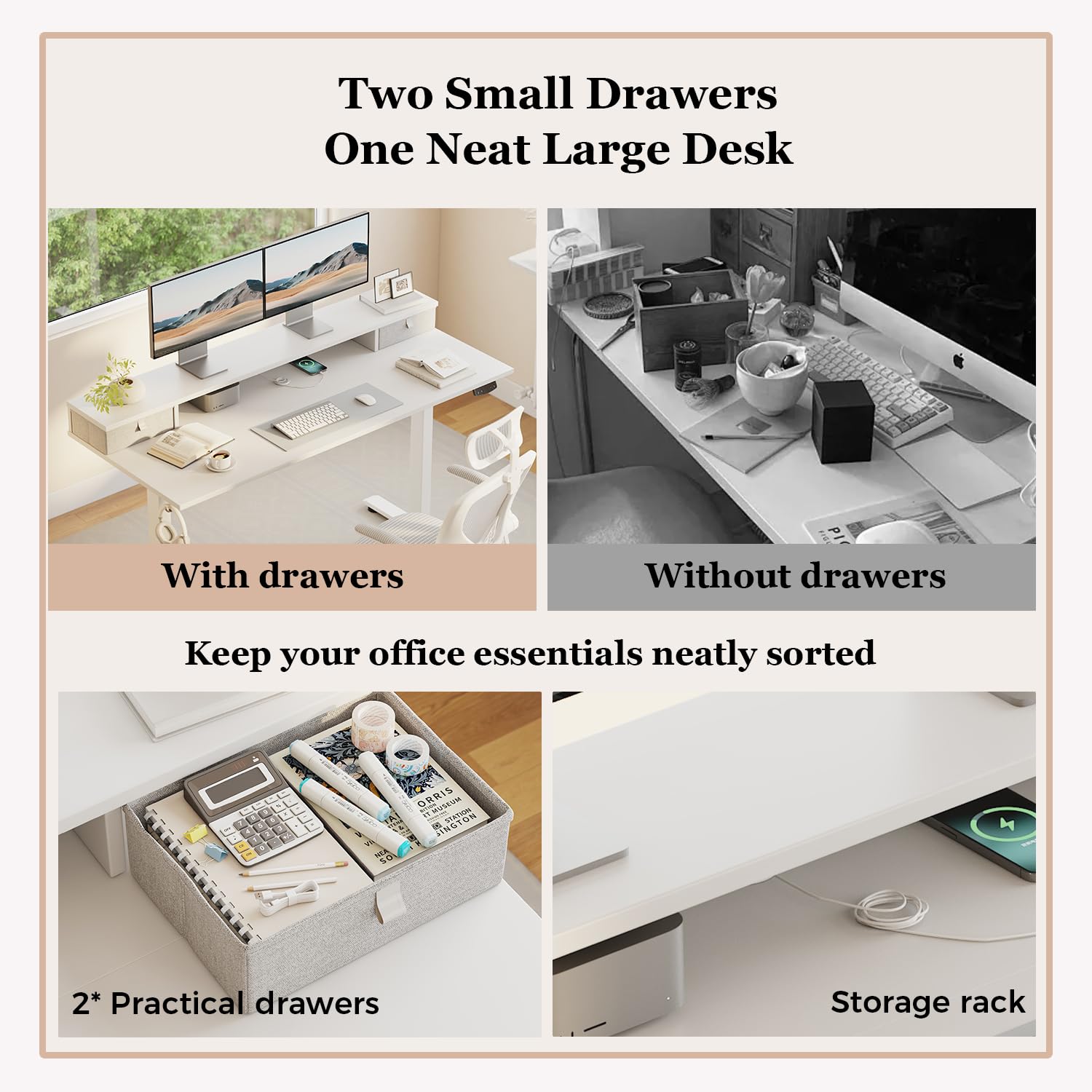 Klicelor Electric Height Adjustable Desk, with 2 Fabric Drawers, 140x60cm