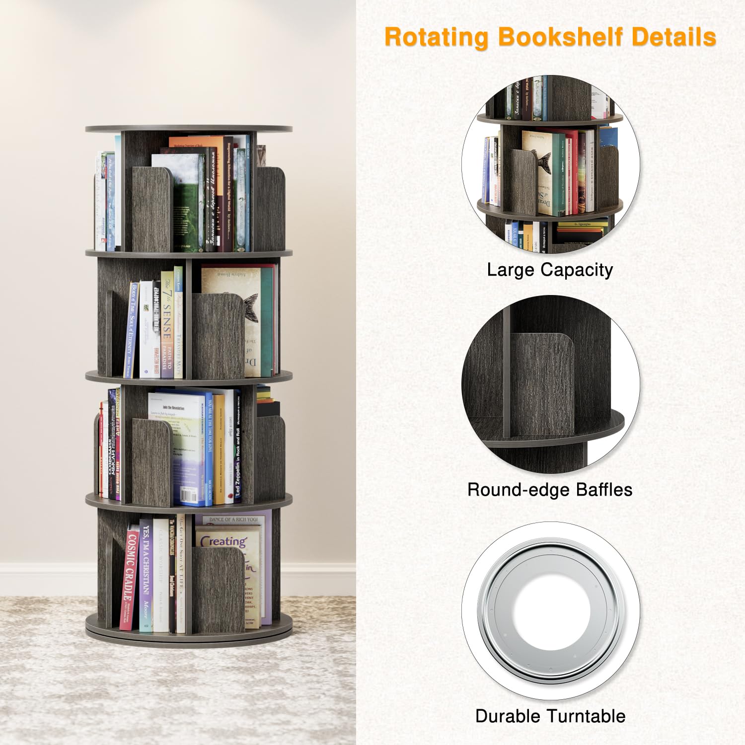 APPOLYN 4 Tier Rotating Bookshelf, 360 Display Spinning Bookcase, Black Oak