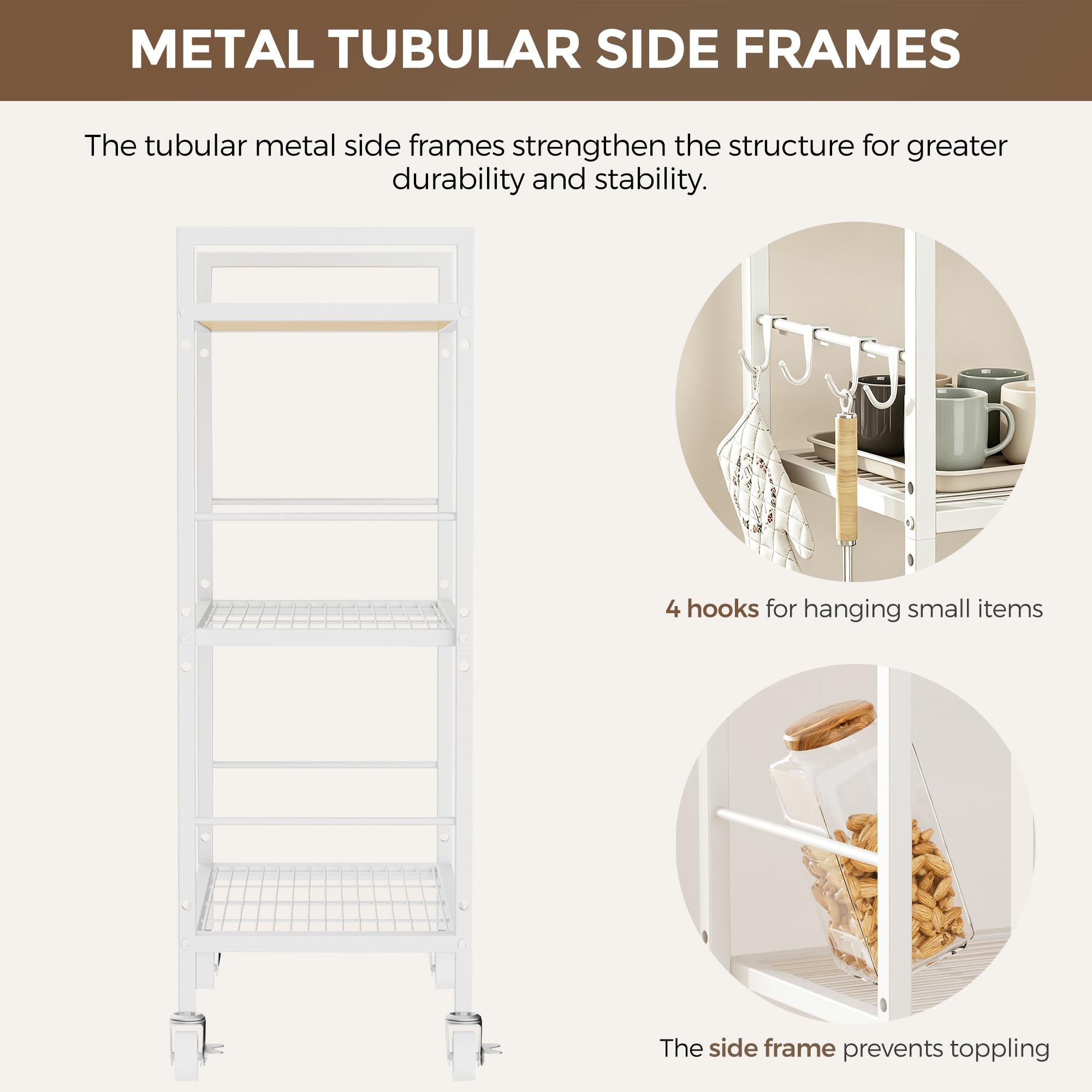 3-Tier kitchen trolley,Oak Wood Top,60W×30Dcm,4 Hooks, Adjustable Shelves