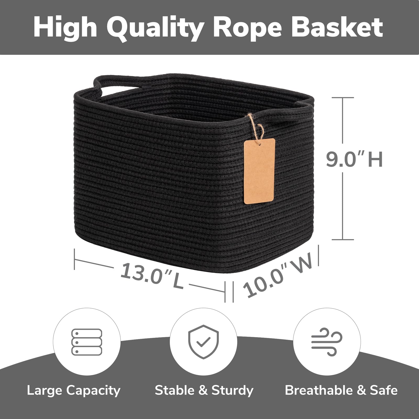 TIMEYARD Black Storage Basket Cotton Rope Woven Shelf Basket with Handles