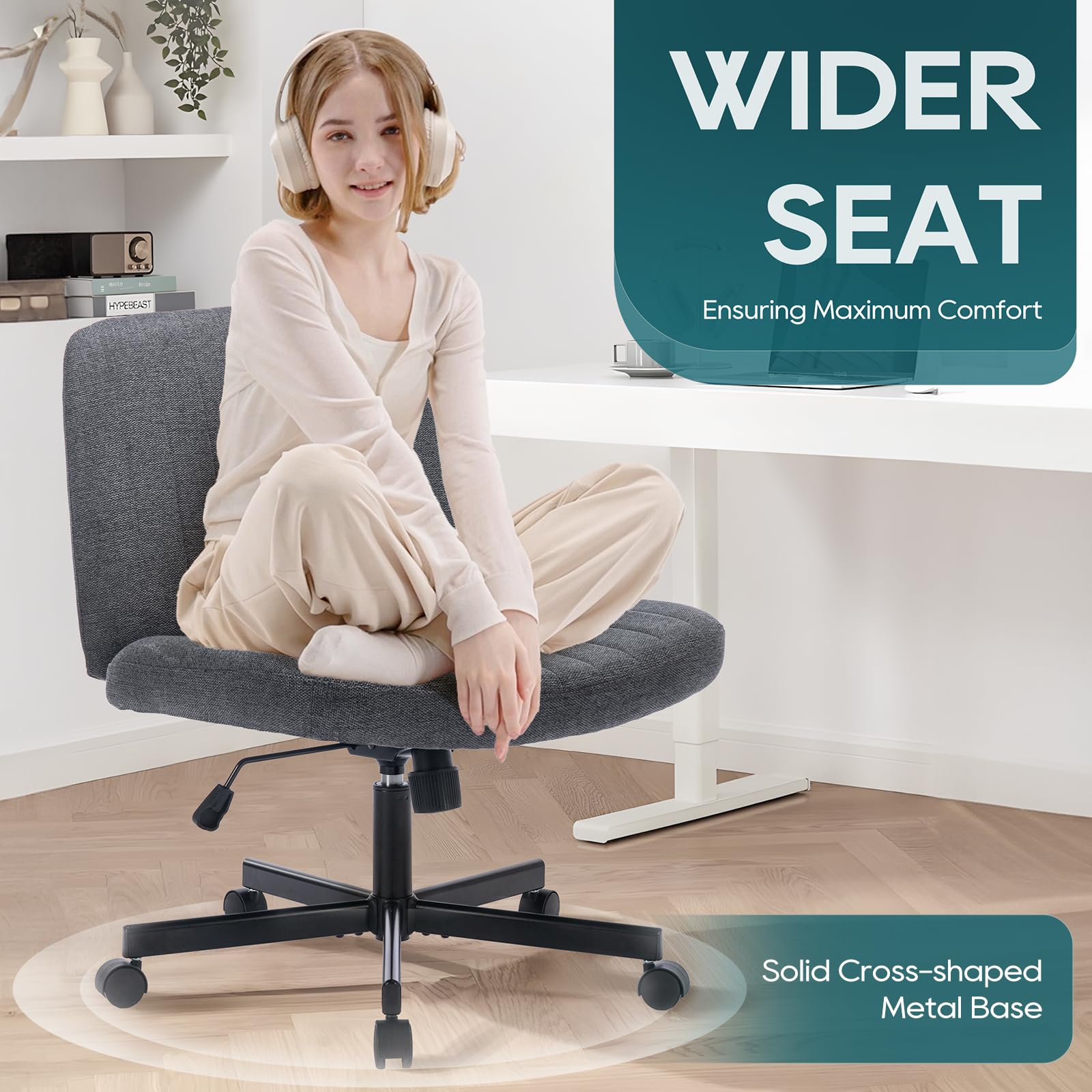 COLAMY Wide Office Chair, Padded Armless Task Vanity Chair Swivel Home Office Desk Chair 115°Rocking Mid Back Ergonomic Computer Chair for Home