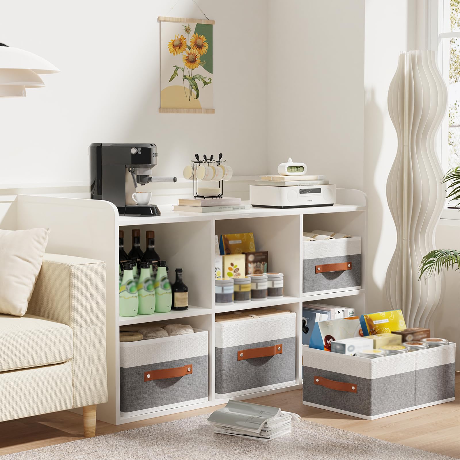 YheenLf Collapsible Storage Boxes,White/Grey Baskets,41×25×16.5cm,4Pack