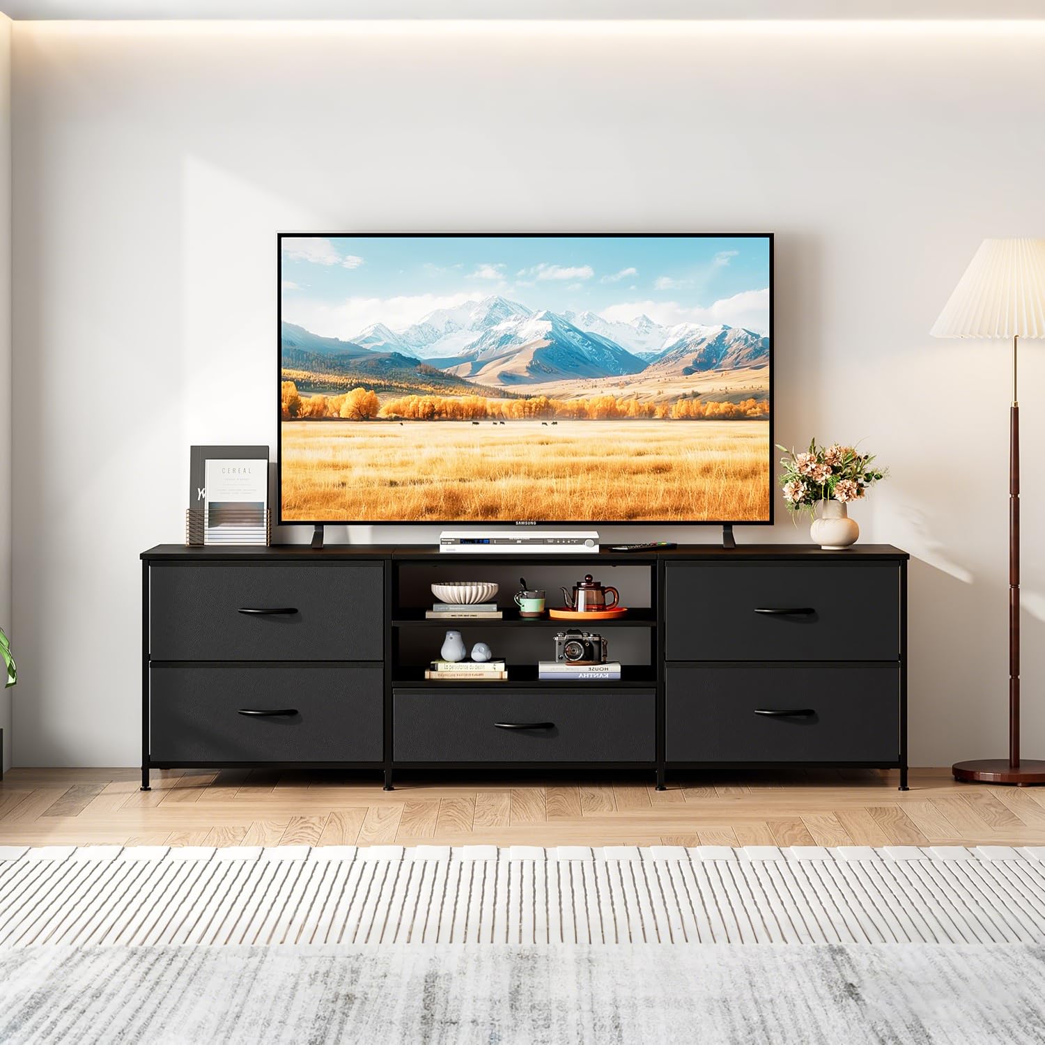 Forthcan TV Stand Cabinet, TV Unit with 5 Drawers, 140 cm, All Black