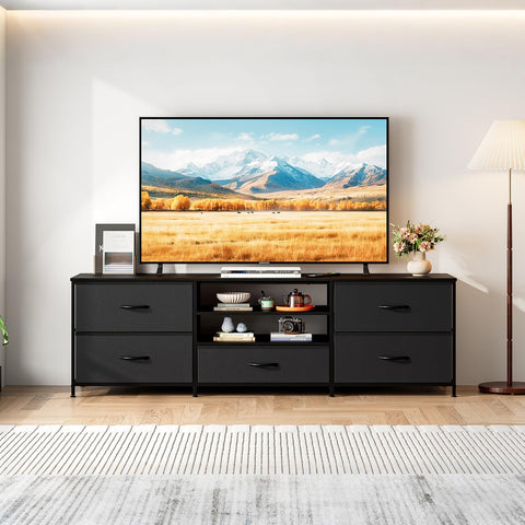Forthcan TV Stand Cabinet, TV Unit with 5 Drawers, 140 cm, All Black