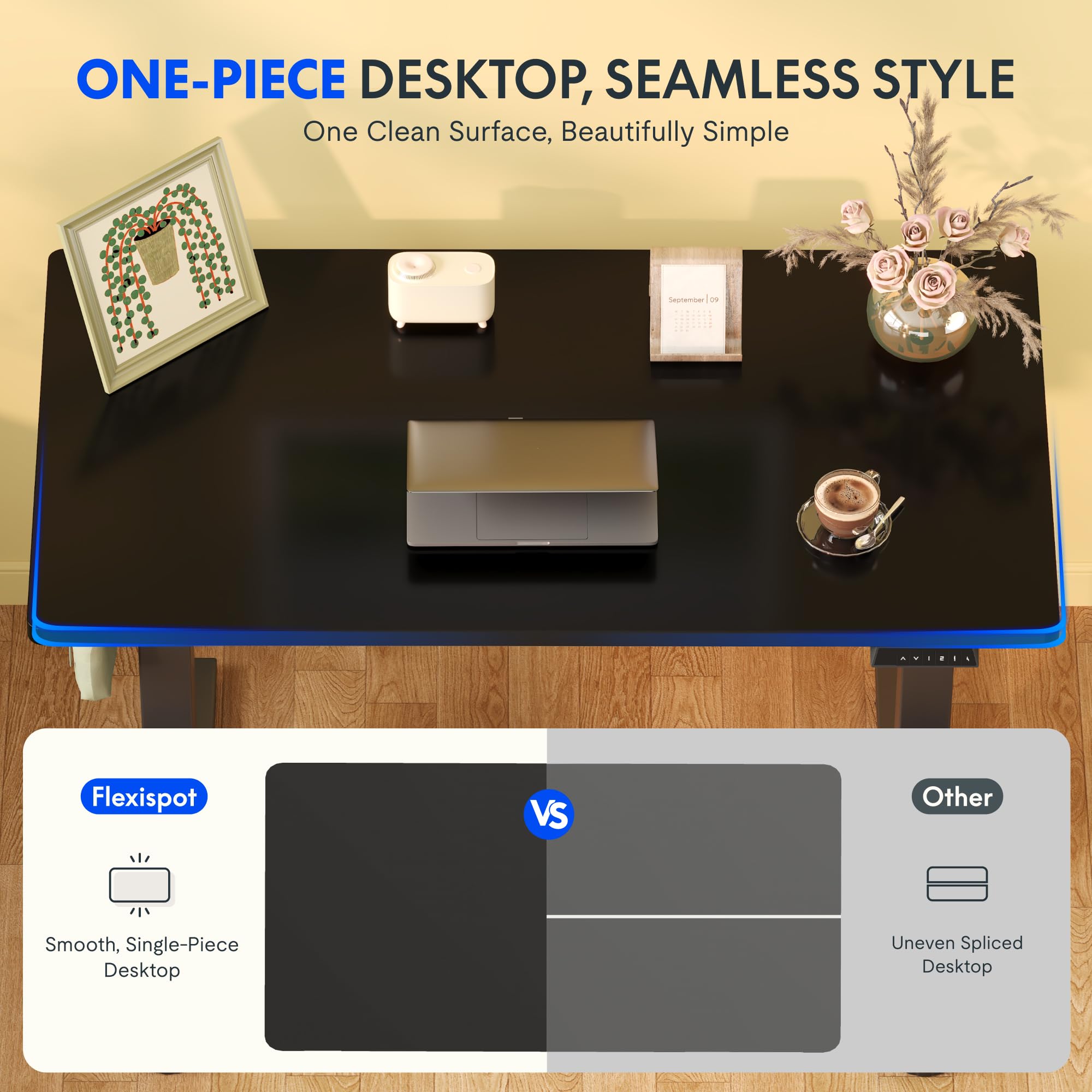 FlexiSpot E1 Plus ONE PIECE Electric Standing Desk Height Adjustable Sit Stand Desk with Memory Smart Panel(100 * 60cm, Black Frame+Black Desktop)