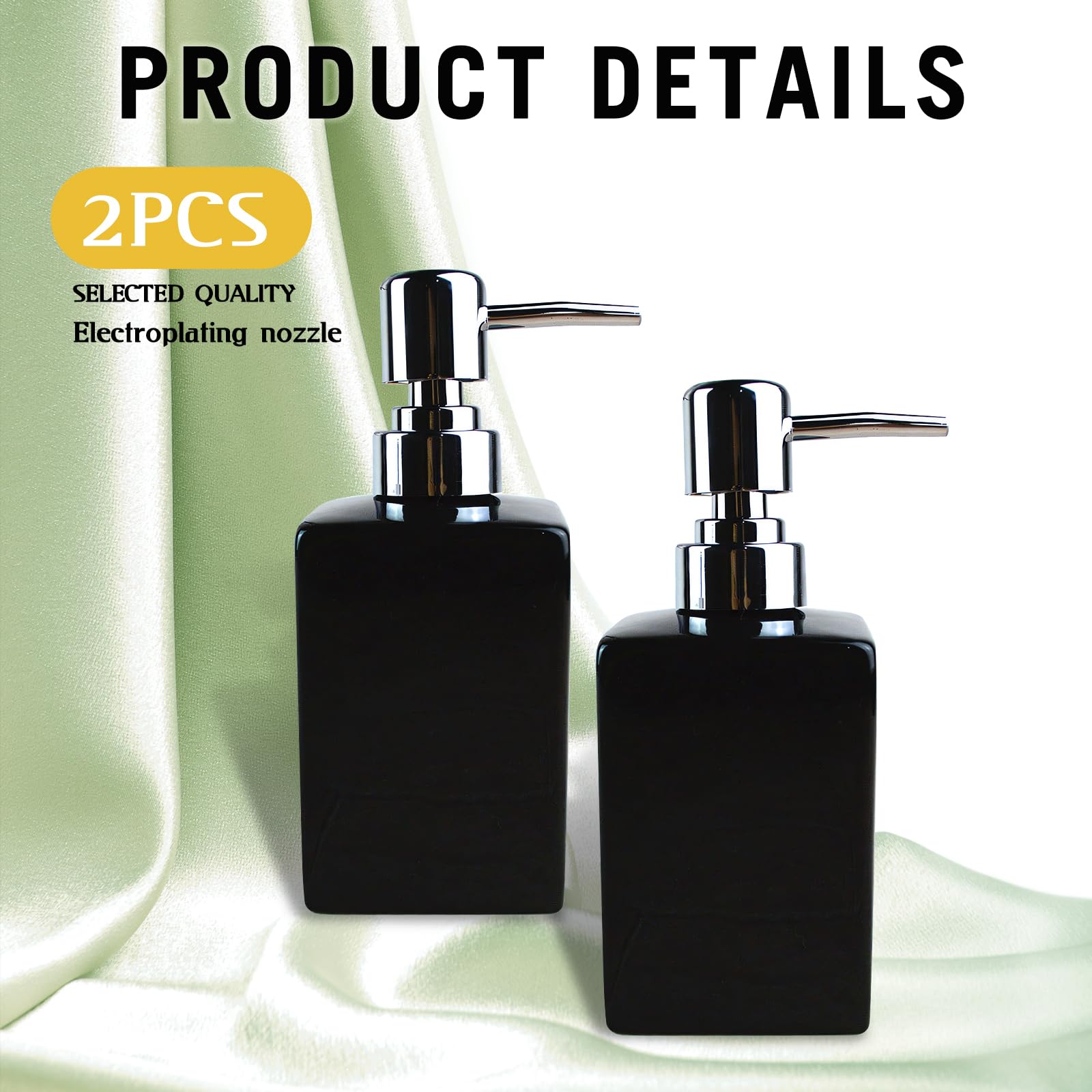 Qudubuy Refillable Square Ceramic Soap Dispenser with Long Spout Lotion Pump Bottle, 2Pcs 320ml Hand Wash Dispenser for Kitchen, Bathroom, Office