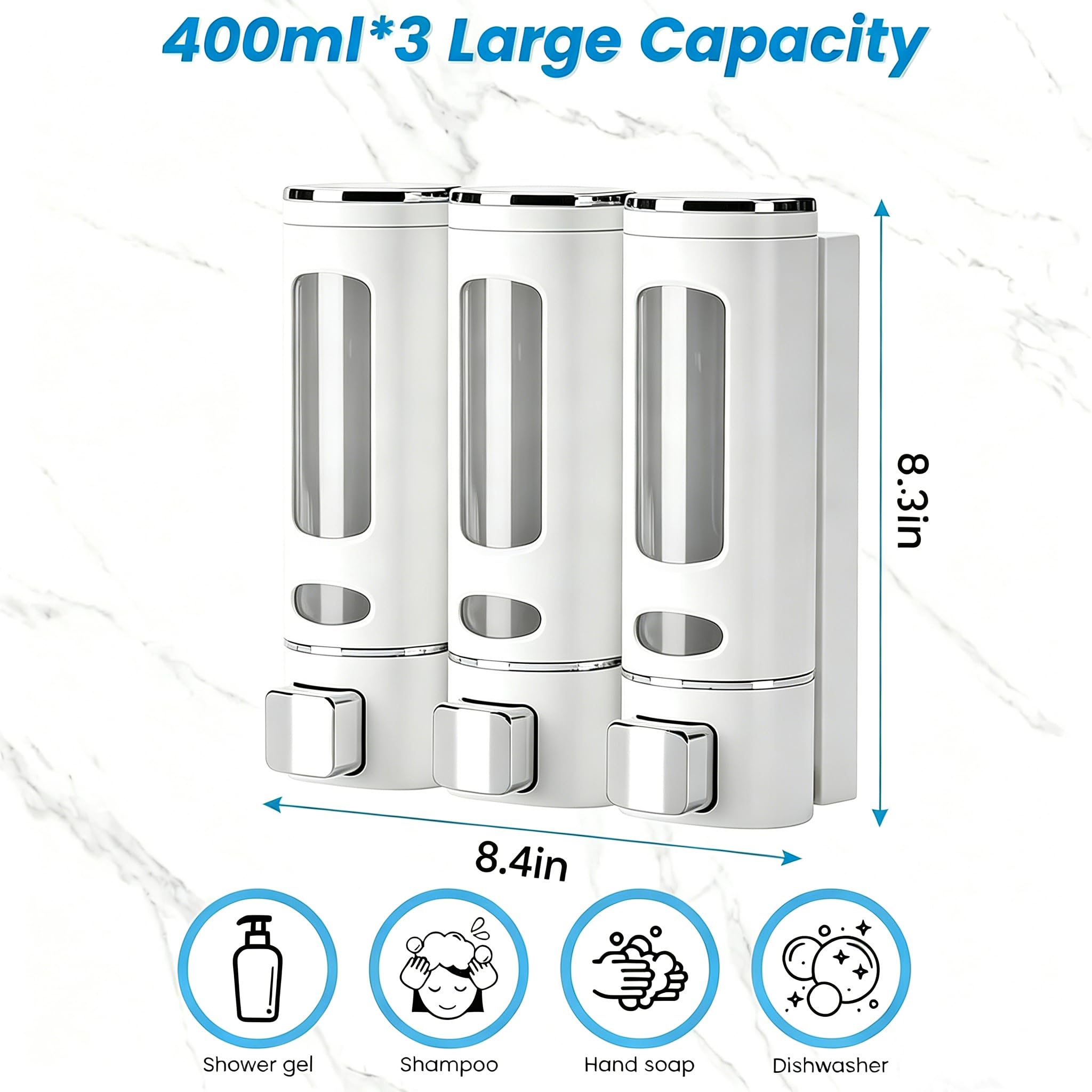 White Soap Dispenser Wall-Mounted, No-Drill Installation for Shower Gel, Shampoo, Conditioner & Dish Detergent