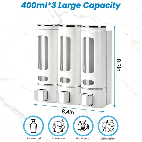 White Soap Dispenser Wall-Mounted, No-Drill Installation for Shower Gel, Shampoo, Conditioner & Dish Detergent