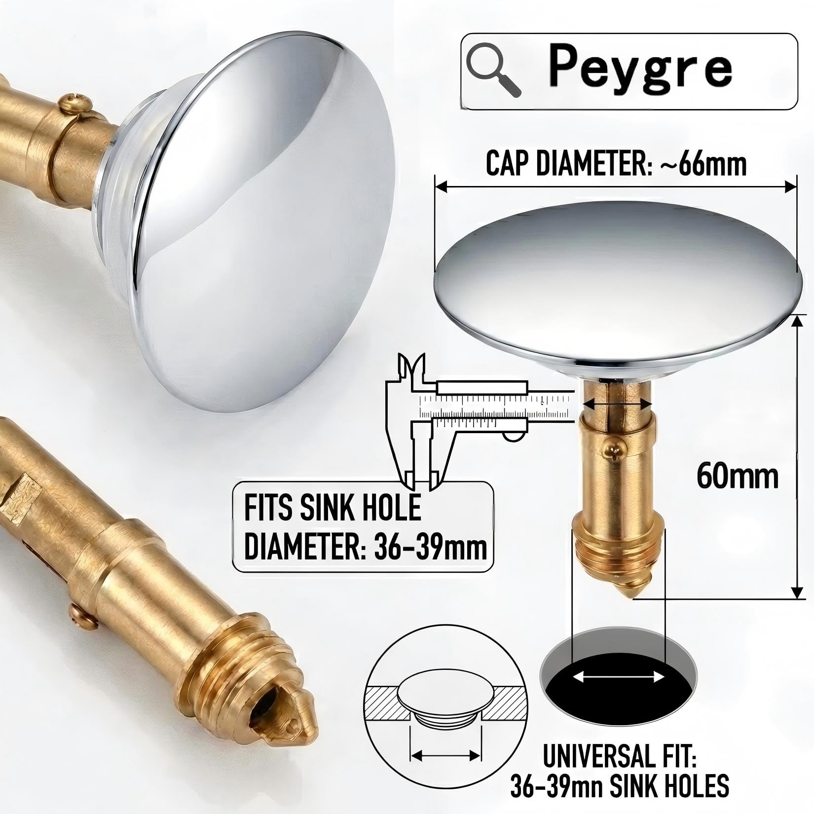 Peygre 2 Pcs Brass Push-In Sink Plug, 36-39mm, 67mm Chrome