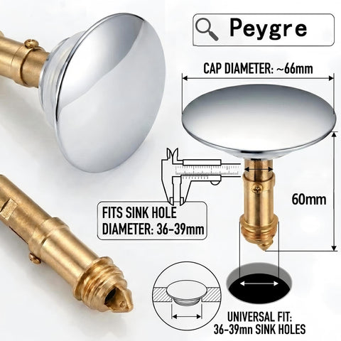 Peygre 2 Pcs Brass Push-In Sink Plug, 36-39mm, 67mm Chrome