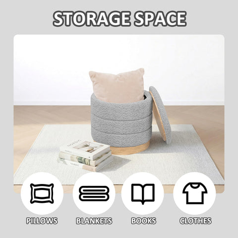 PINPLUS Round Chenille Storage Ottoman, Tray Top, 39x39x37 cm, Silver Grey