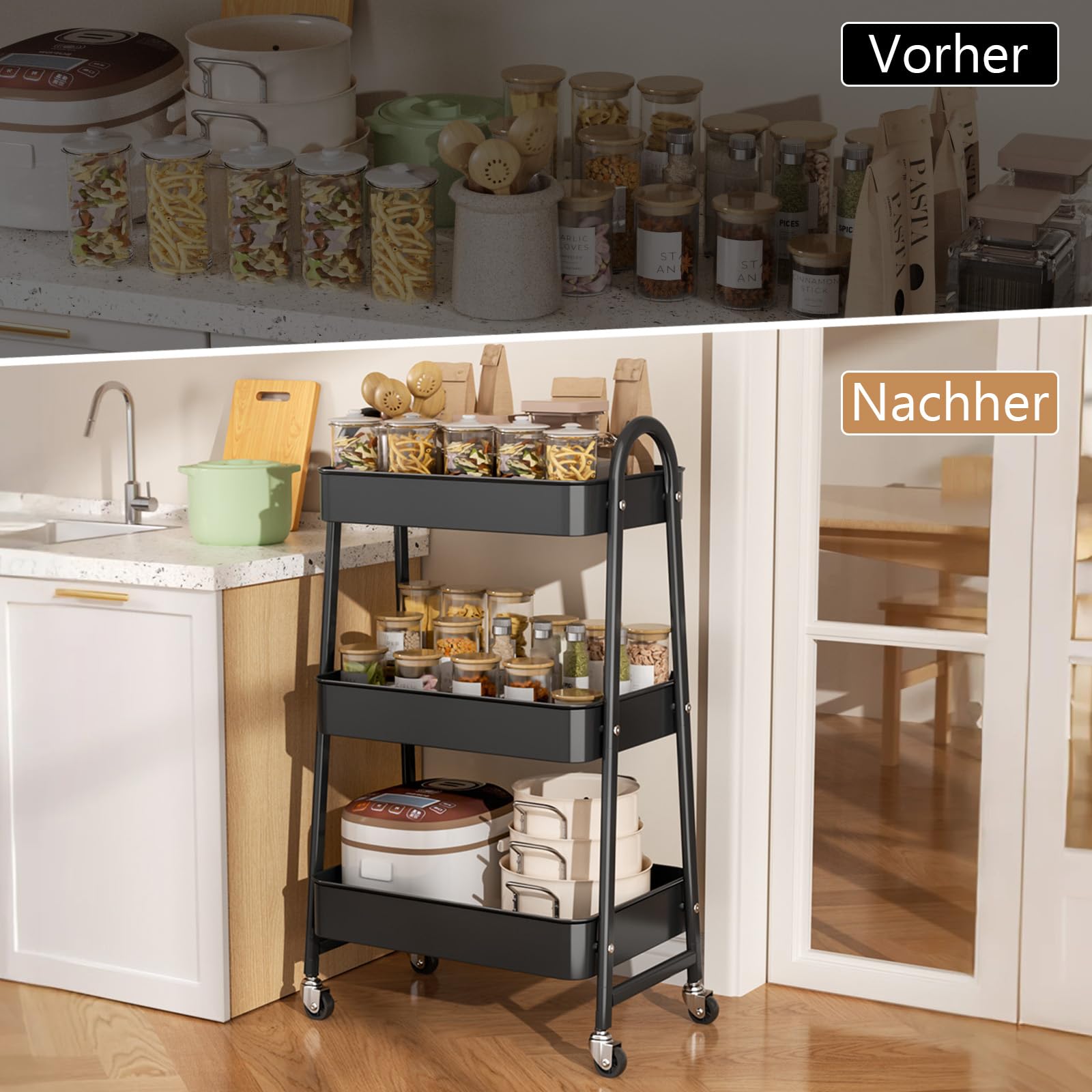 StowBin 3 Tier Metal Rolling Cart Kitchen Storage Cart with Wheels - Black