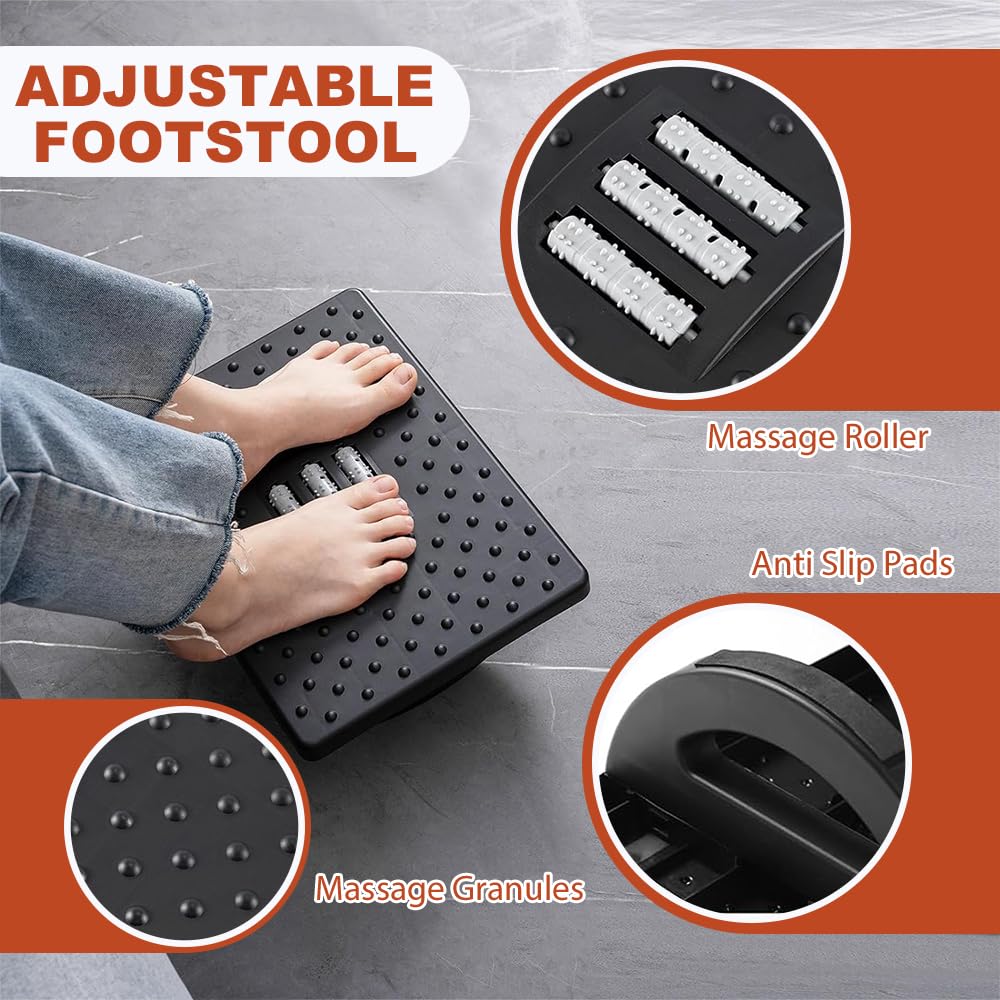 Lighterday Ergonomic Foot Stool - Adjustable Under Desk Foot Rest with Roller Massage (Black)