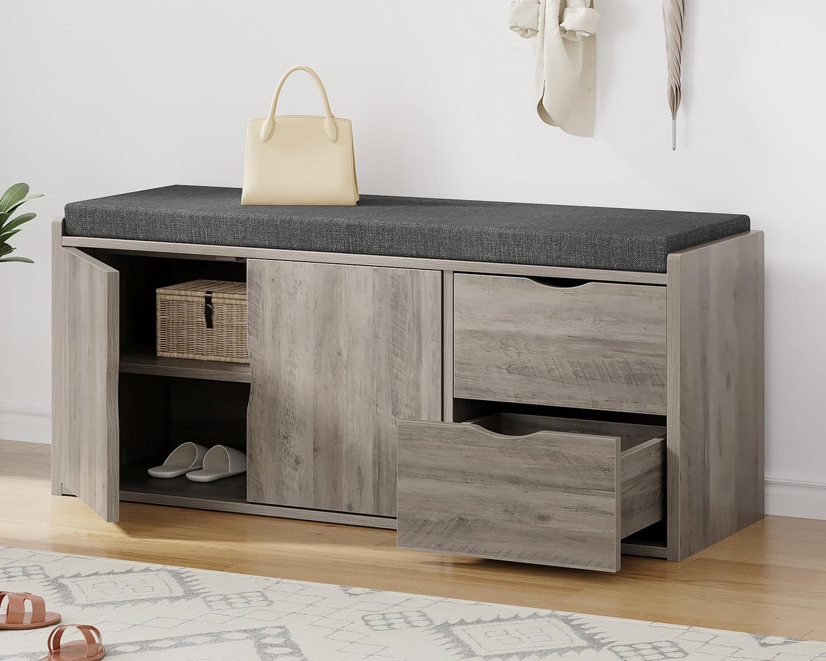 LVB 2-Tier Storage Bench with Padded Cushion, Entryway Shoe Bench with 2 Drawers, 2 Barn Doors & Adjustable Shelf, Industrial Style for Foyer