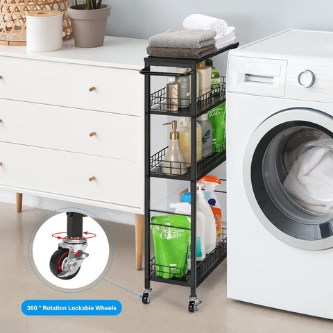 CADUKE Slim Storage Cart Kitchen Rolling Utility Cart on Wheels 4 Tier Mobile Narrow Cart with Wood and Metal Handle Slide Out Storage Shelving Unit