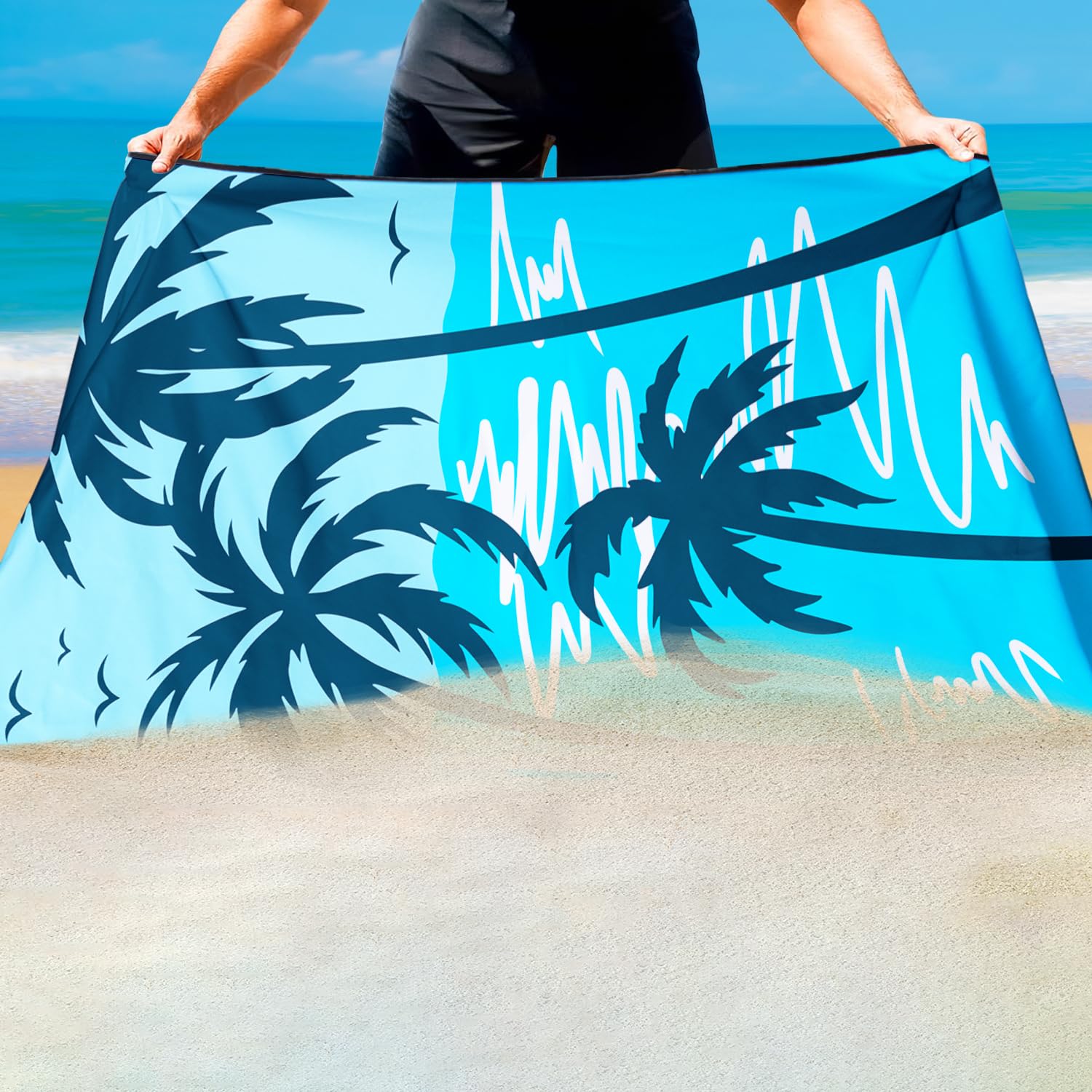 Violetpos Blue Palm Tree Silhouette Beach Towel, Extra Large 180x90 cm 250GSM Microfibre, Sand Free Quick Dry