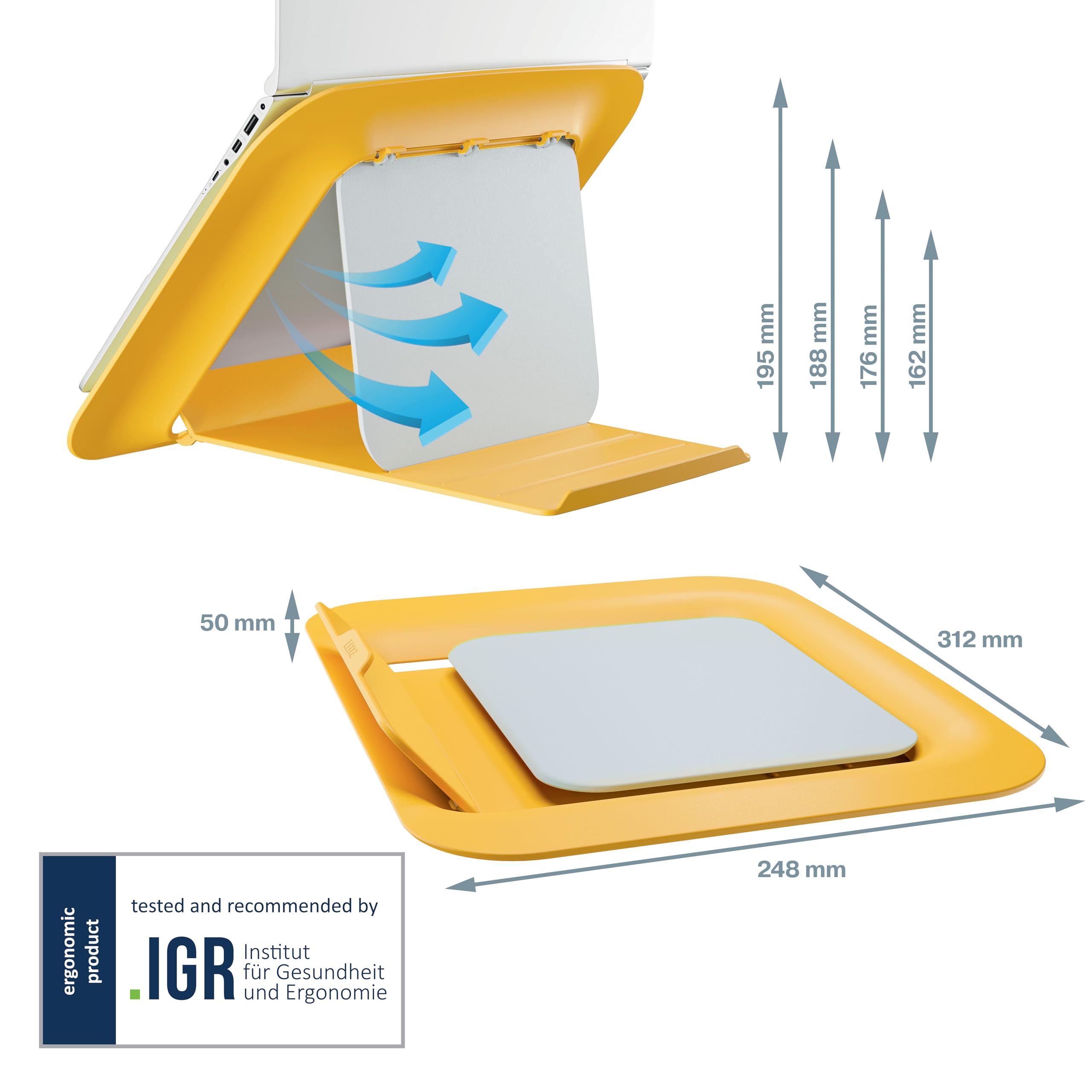 Leitz Adjustable Laptop Stand, Compact Laptop Holder With 4 Height Settings, 80% Recycled Plastic & 100% Recycable, Ergo Cosy Range, Warm Yellow