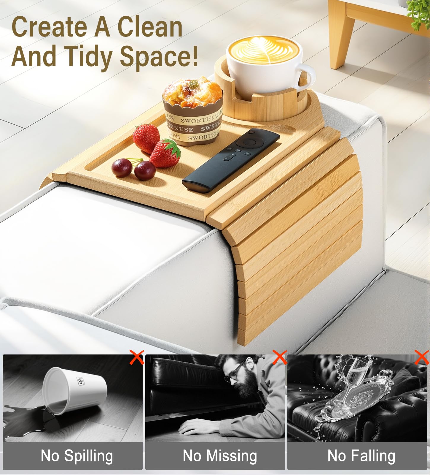 Kssiaz Couch Arm Tray, Bamboo Sofa Tray Table for Couch, Sofa Arm Tray with Cup Holder, Non-Slip Armrest Organizer for Drink, Cup, Snack, Control