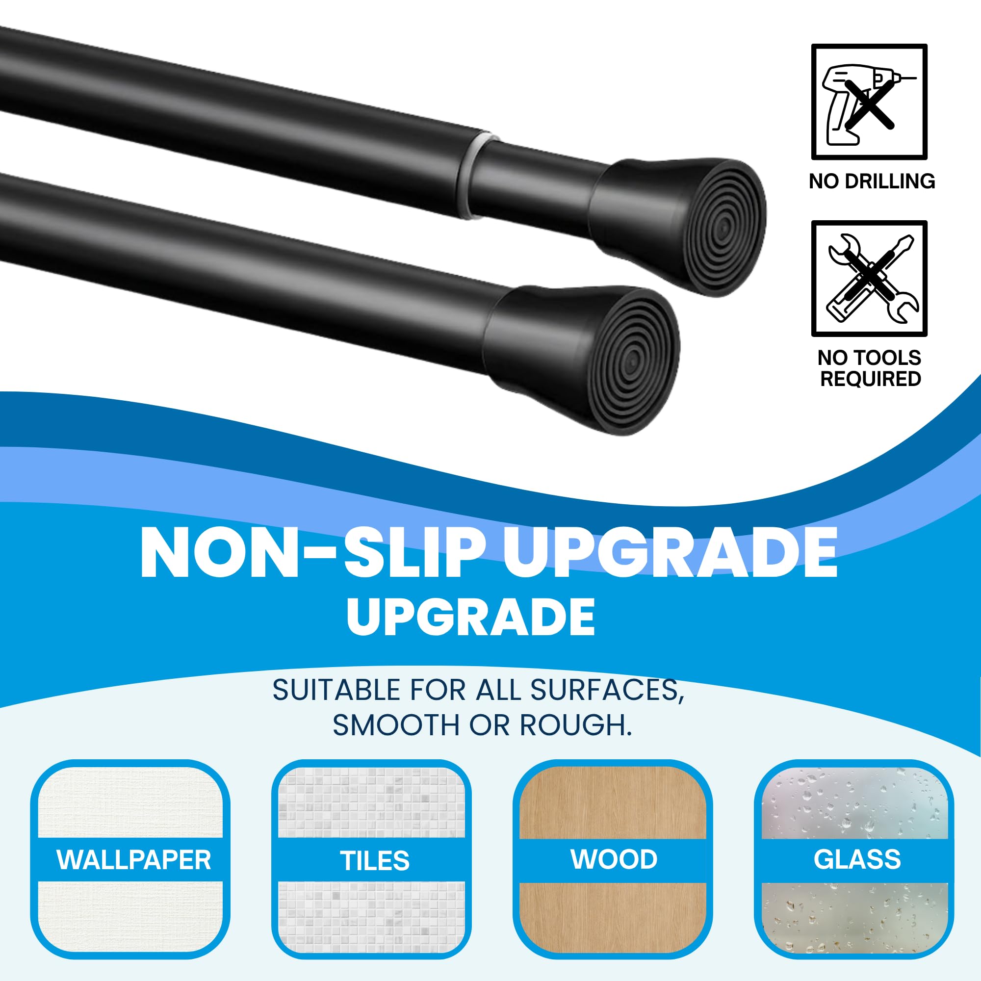 1Pc Tension Rod for Shower Curtain Rail No Drilling Curtain Pole Extendable Rod Easy Fitting for Bathroom Black, 190-360cm, Ø32mm
