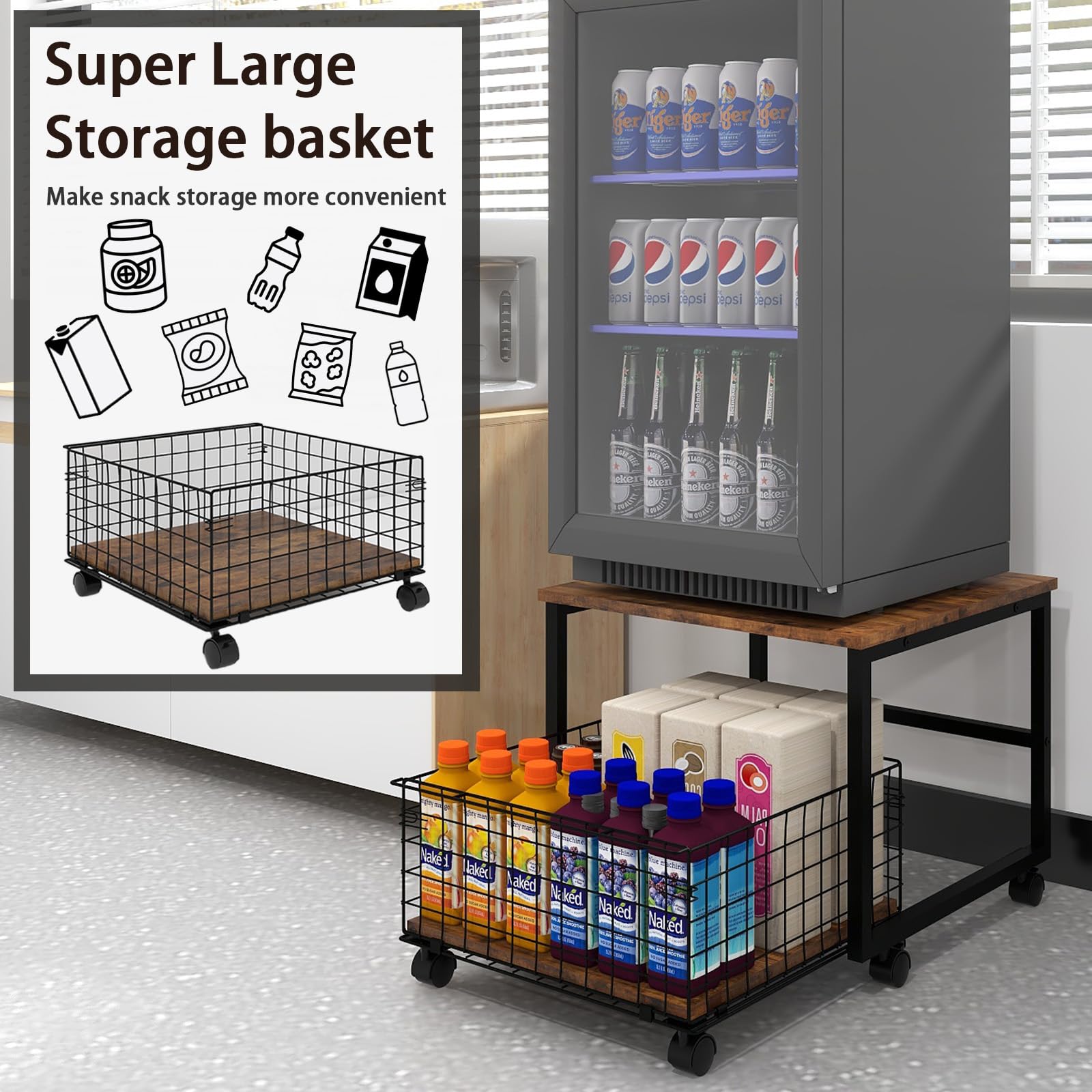 PUNCIA Mobile Mini Fridge Stand with Large Capacity Storage Portable Refrigerator Table with 4 Lockable Wheels Appliance Platform Table with Drawer