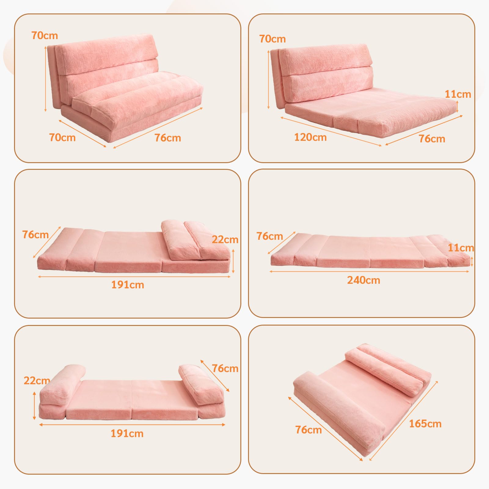MAXYOYO Bean Bag Bed Folding Sofa Bed Floor Mattress for Adults, Extra Thick 6 Fold Floor Sofa Floor Couch for Bedroom Living Room, Pink, 75x240 cm