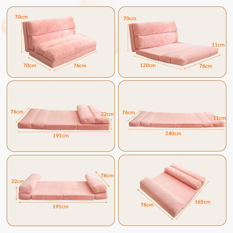 MAXYOYO Bean Bag Bed Folding Sofa Bed Floor Mattress for Adults, Extra Thick 6 Fold Floor Sofa Floor Couch for Bedroom Living Room, Pink, 75x240 cm