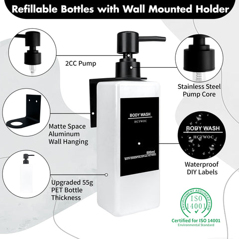 HCYWOC Shampoo and Conditioner Dispenser, No Drill, 16 Waterproof Labels