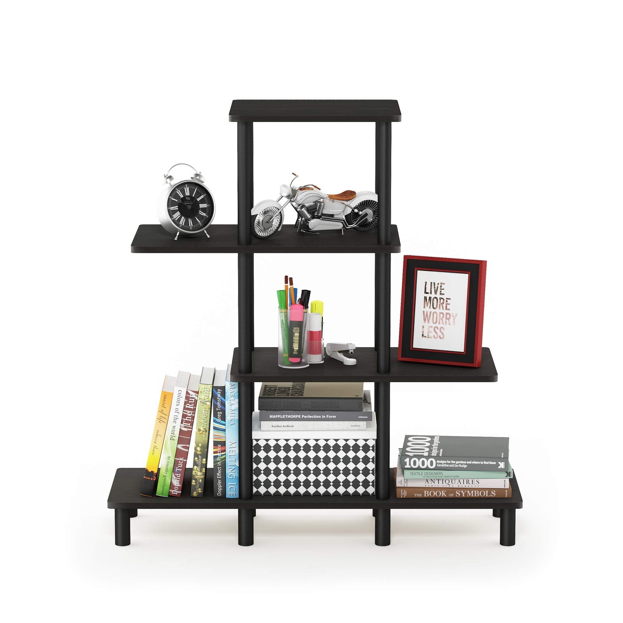 Furinno TURN-N-TUBE Storage Shelves, 4-Tier Ladder Book Shelf, Accent Display Shelf, Toolless Open Shelves, Round Tubes, for Organization and Storage