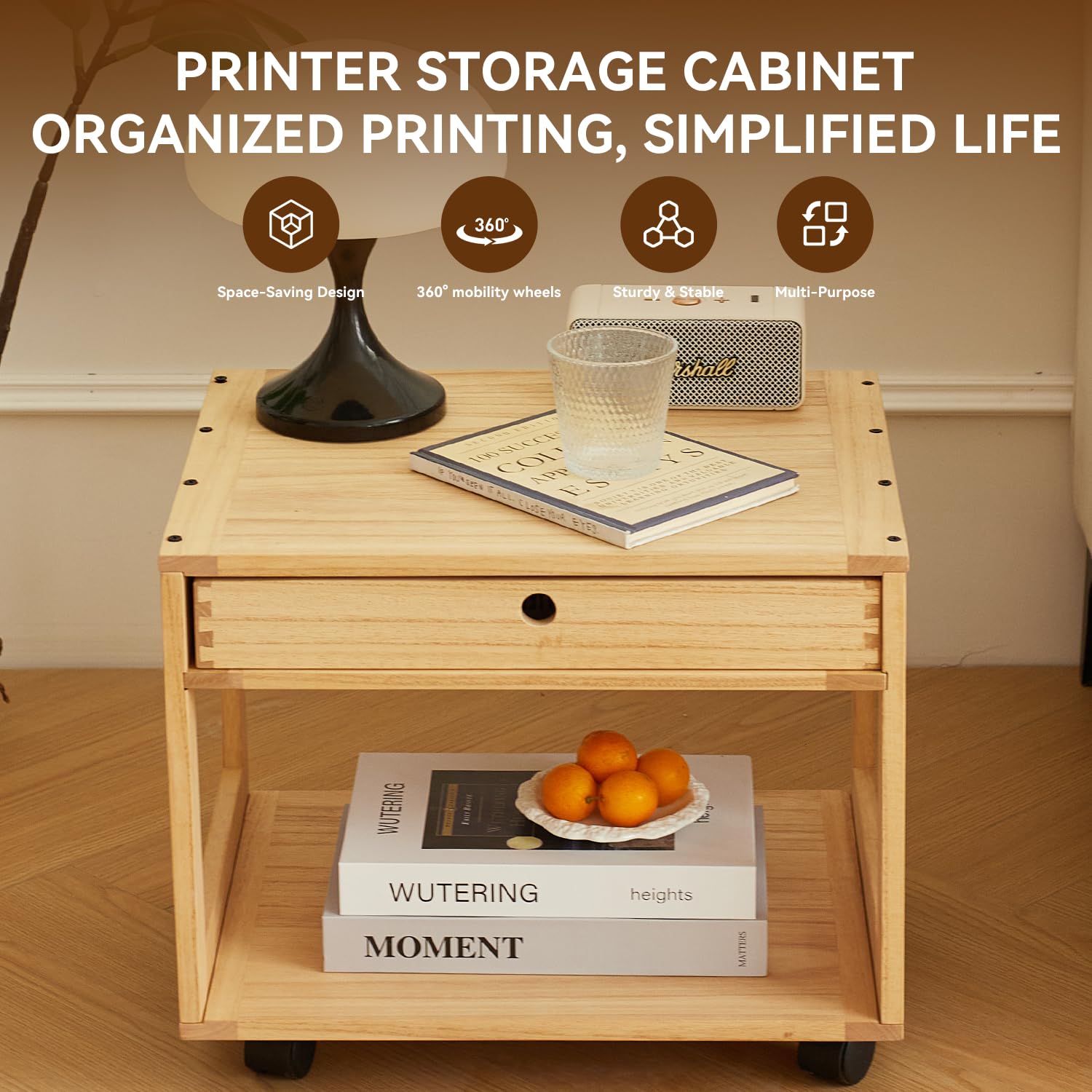 KIRIGEN Solid Wood Printer Stand with a Drawer, 2 Tier Printer Table fit Fax Scanner/3D Printer