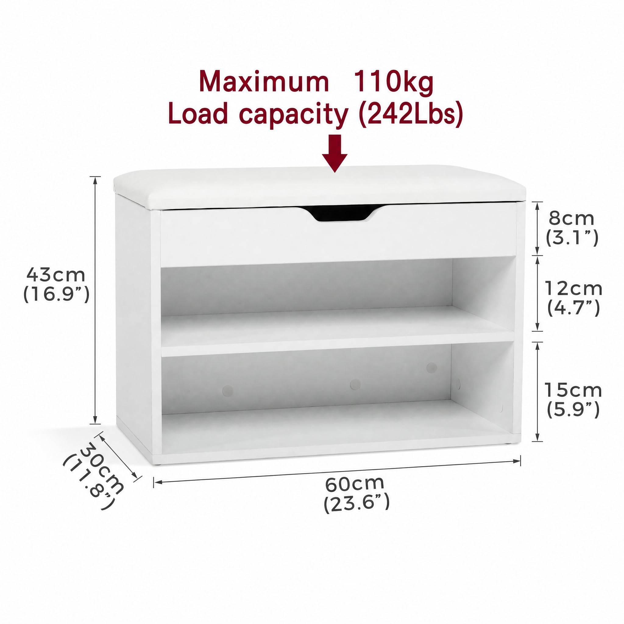 Mondeer Shoe Storage Bench, 60 cm Wide with Folding Padded Seat, White