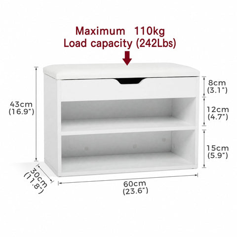 Mondeer Shoe Storage Bench, 60 cm Wide with Folding Padded Seat, White