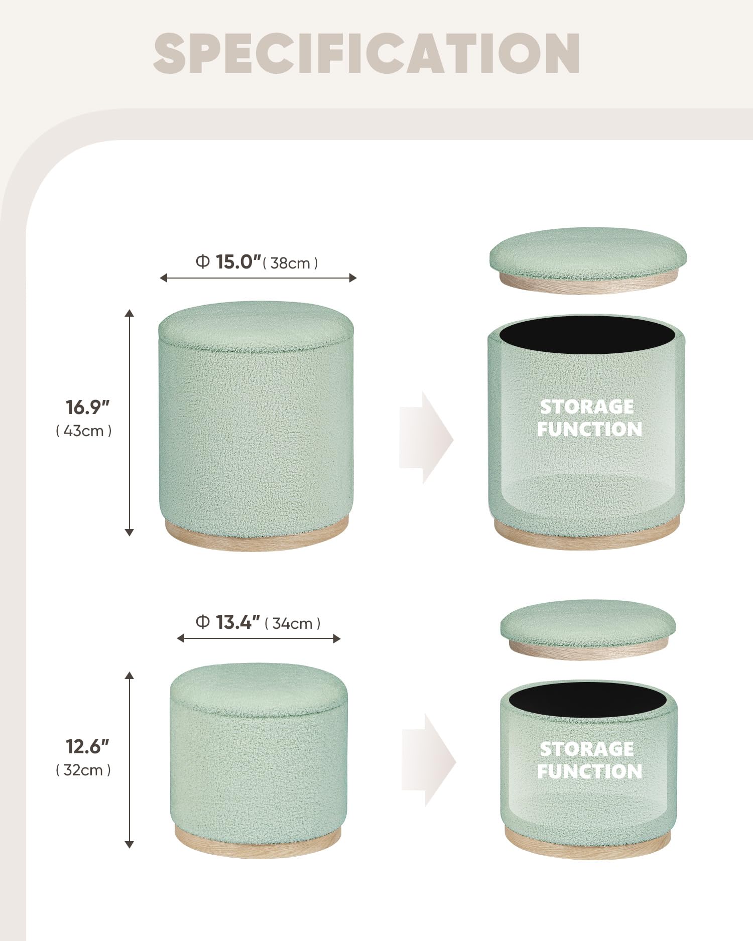 Bonlife Set of 2 Round Ottoman with Tray, Vanity Stool with Storage