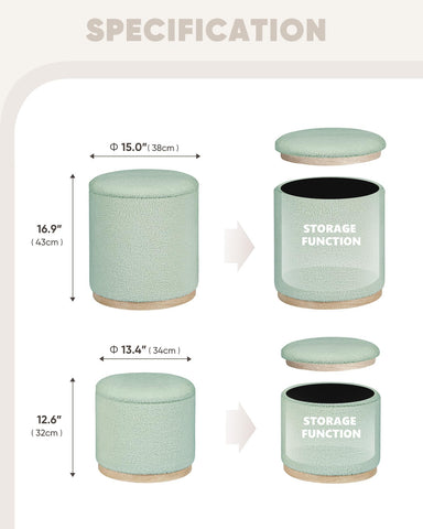 Bonlife Set of 2 Round Ottoman with Tray, Vanity Stool with Storage