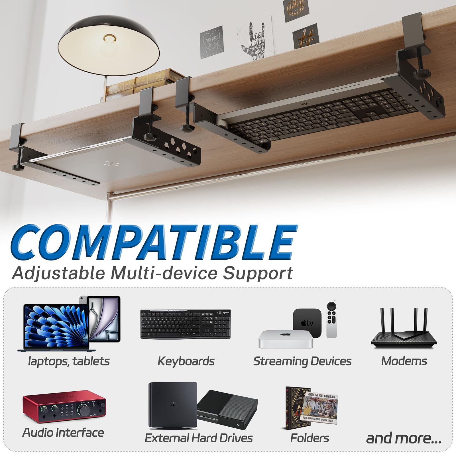 otuiaim Adjustable Under Desk Holder with Clamp for Desk - Steel Shelf