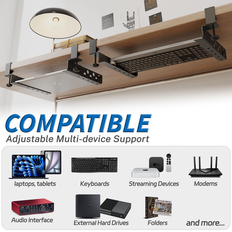 otuiaim Adjustable Under Desk Holder with Clamp for Desk - Steel Shelf