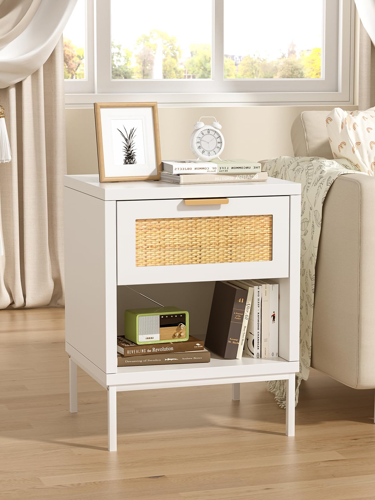 Skokliz Rattan Bedside Table, Boho Night Stand for Bedroom, 45x40x55 cm, Wood Nightstand with Drawer and Open Shelf, Side Table