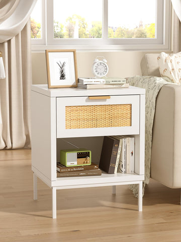 Skokliz Rattan Bedside Table, Boho Night Stand for Bedroom, 45x40x55 cm, Wood Nightstand with Drawer and Open Shelf, Side Table