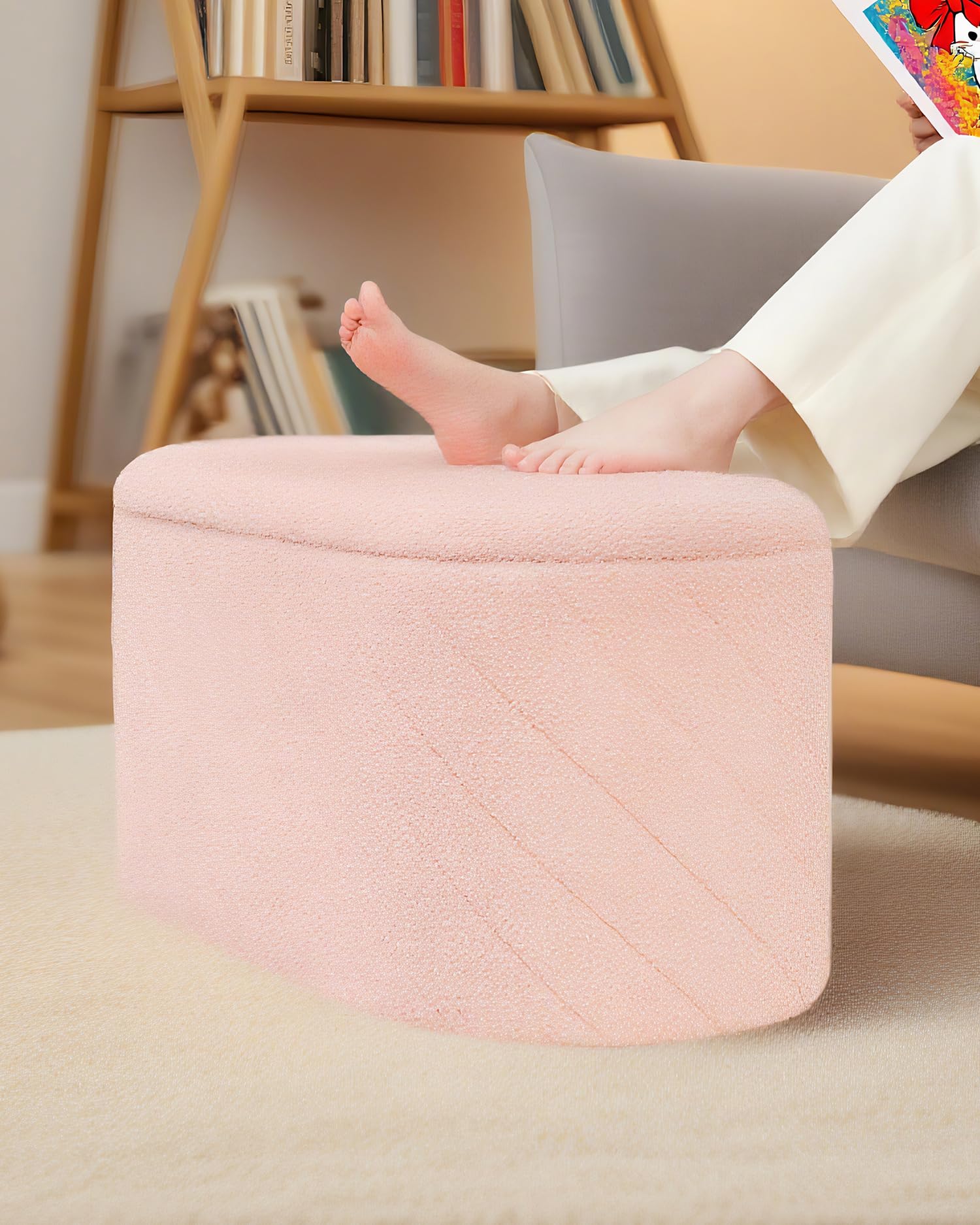 Bonlife Oval Ottoman Storage Bench, Folding Foot Rest with Lid, Boucle End of Bed Bench,Foostool for Living Room,Bedroom,Entryway,Pink,76x38x38cm