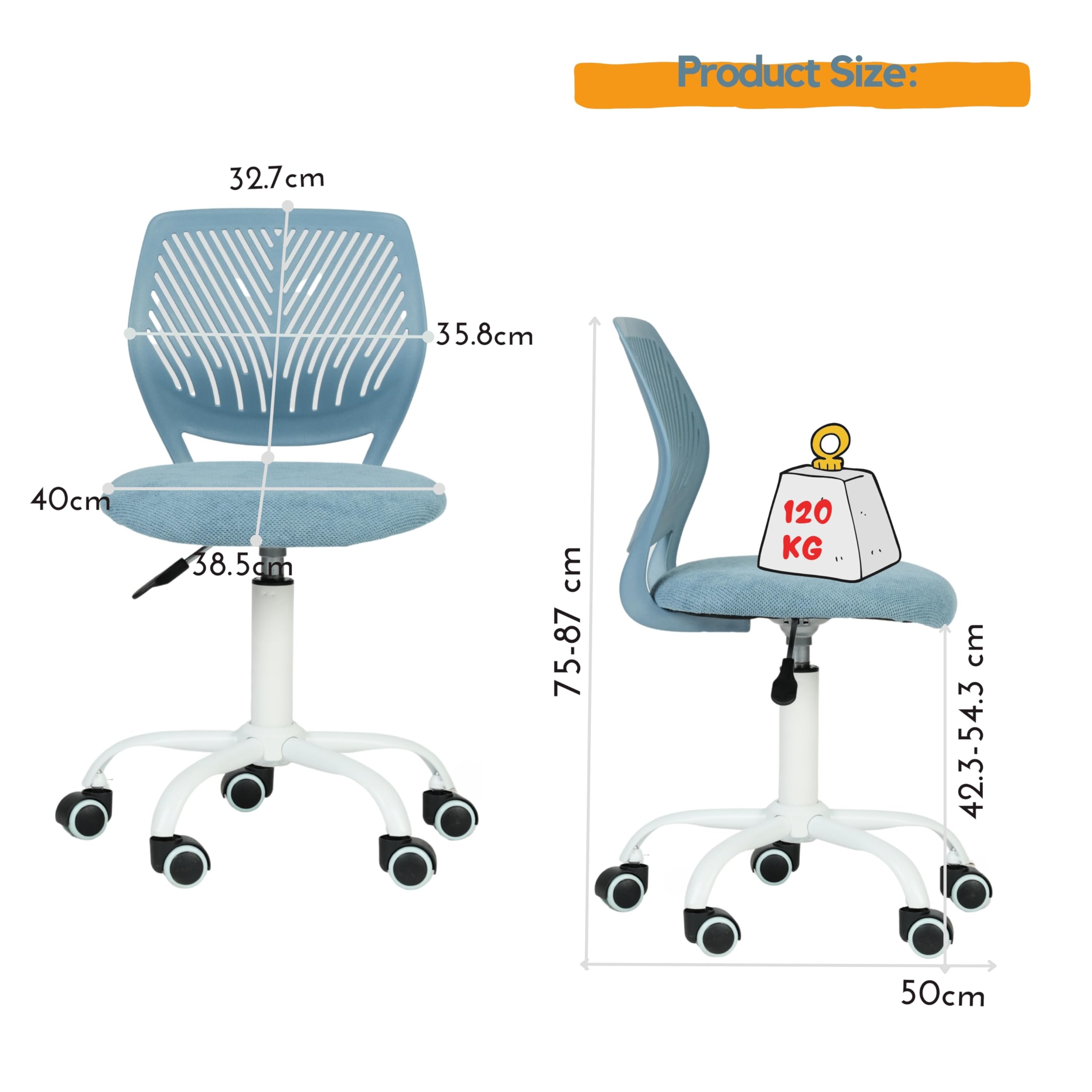 FurnitureR Ergonomic Adjustable Height Turner Rolling Computer Executive Chair for Home Office Study Pale Blue, Metal Plastic, 38CM x39CM x75-85CM