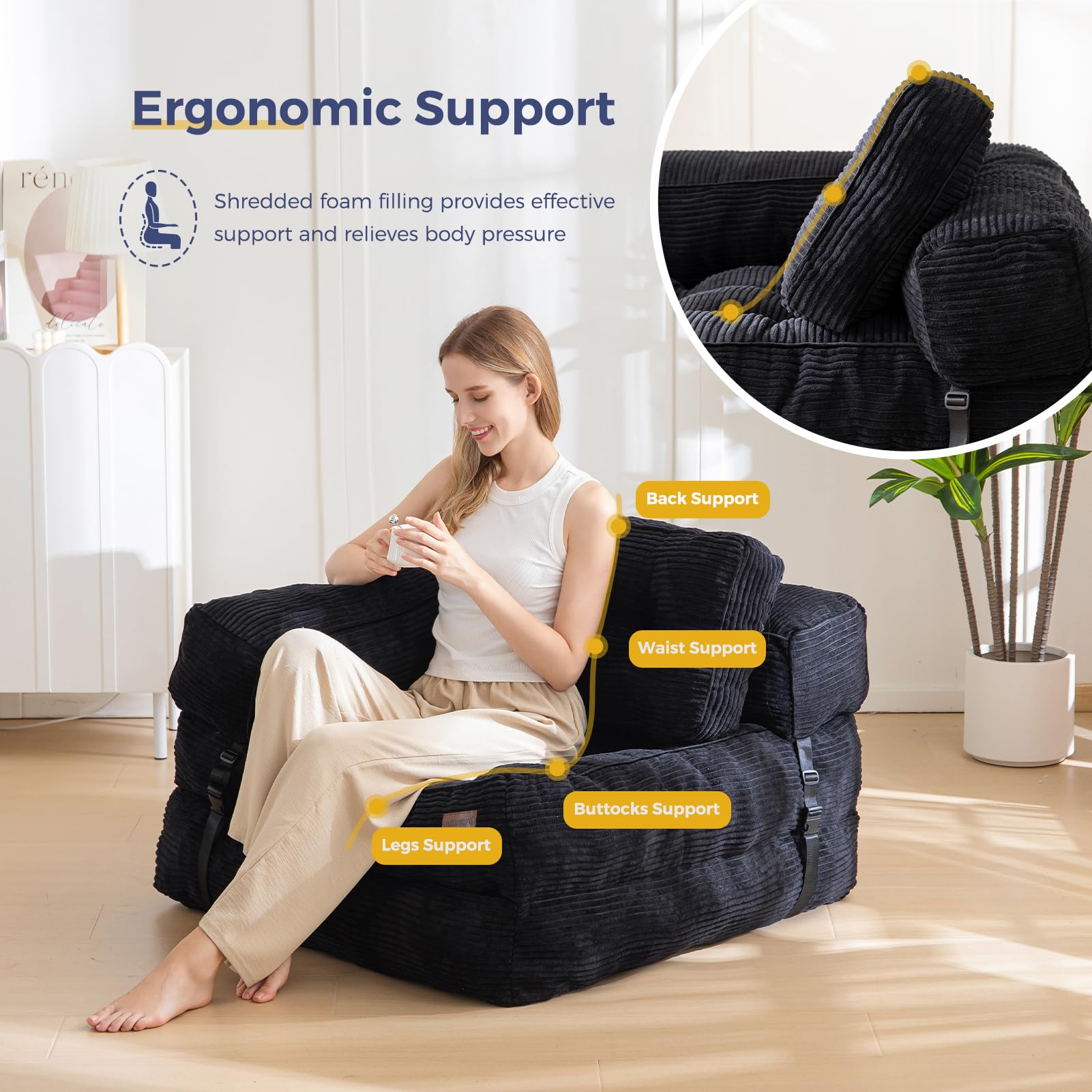 MAXYOYO Foldable Sofa Bed,Bean Bag Couch Convertible Sleeper Chair with Armrest L-Shaped Floor Lounge Sofa with Pillow Portable Lounge Seat for